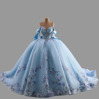 Off-Shoulder Sky Blue Quinceanera Dress with Bow-Knot & 3D Floral Appliqués