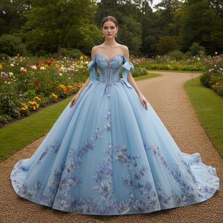 Off-Shoulder Sky Blue Quinceanera Dress with Bow-Knot & 3D Floral Appliqués