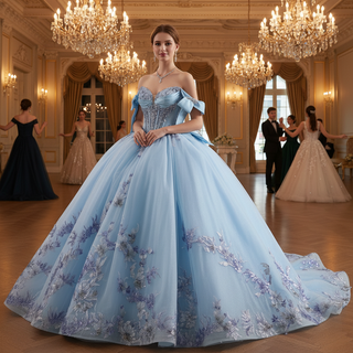 Off-Shoulder Sky Blue Quinceanera Dress with Bow-Knot & 3D Floral Appliqués