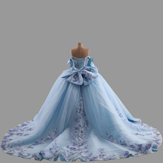 Off-Shoulder Sky Blue Quinceanera Dress with Bow-Knot & 3D Floral Appliqués