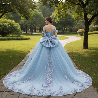Off-Shoulder Sky Blue Quinceanera Dress with Bow-Knot & 3D Floral Appliqués