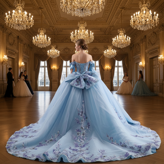Off-Shoulder Sky Blue Quinceanera Dress with Bow-Knot & 3D Floral Appliqués