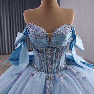 Off-Shoulder Sky Blue Quinceanera Dress with Bow-Knot & 3D Floral Appliqués