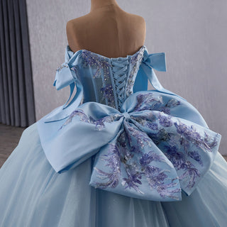Off-Shoulder Sky Blue Quinceanera Dress with Bow-Knot & 3D Floral Appliqués
