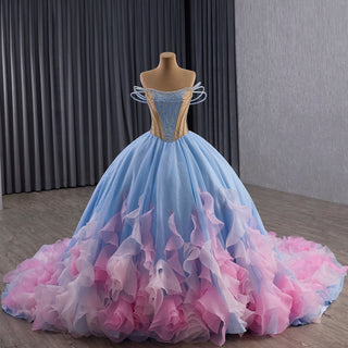 Sky Blue & Pink Off Shoulder Ball Gown Quinceañera Dress with Rhinestone