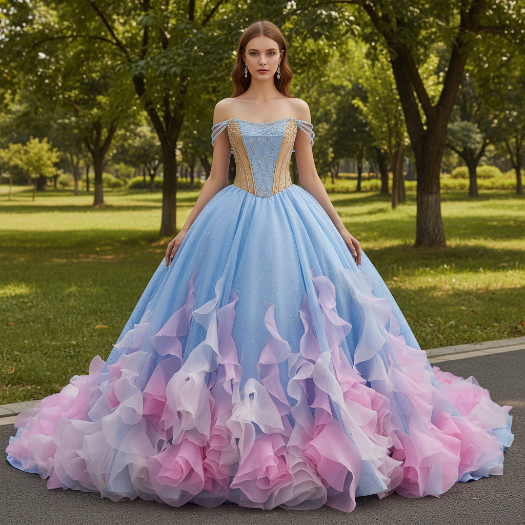 Sky Blue & Pink Off Shoulder Ball Gown Quinceaera Dress with Rhinesto Rosymae Sky Blue & Pink Off Shoulder Ball Gown Quinceaera Dress with Rhinesto Rosymae