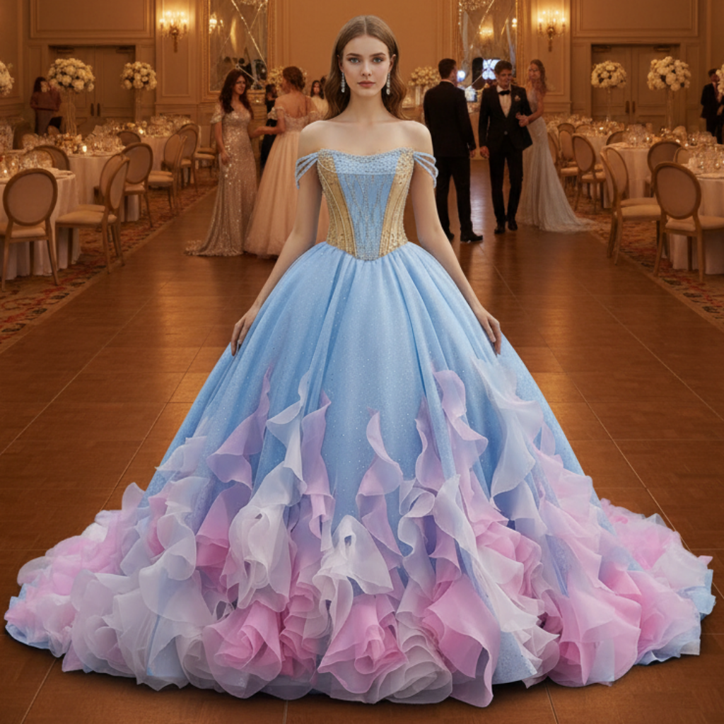 Sky Blue & Pink Off Shoulder Ball Gown Quinceaera Dress with Rhinesto Rosymae Sky Blue & Pink Off Shoulder Ball Gown Quinceaera Dress with Rhinesto Rosymae
