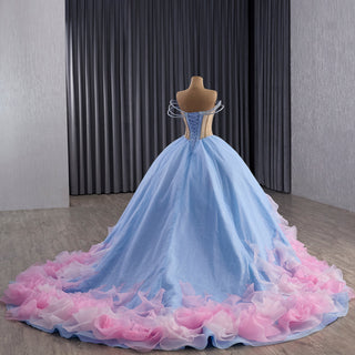 Sky Blue & Pink Off Shoulder Ball Gown Quinceañera Dress with Rhinestone