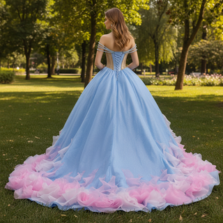 Sky Blue & Pink Off Shoulder Ball Gown Quinceañera Dress with Rhinestone