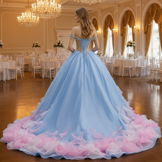 Sky Blue & Pink Off Shoulder Ball Gown Quinceañera Dress with Rhinestone