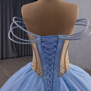 Sky Blue & Pink Off Shoulder Ball Gown Quinceañera Dress with Rhinestone
