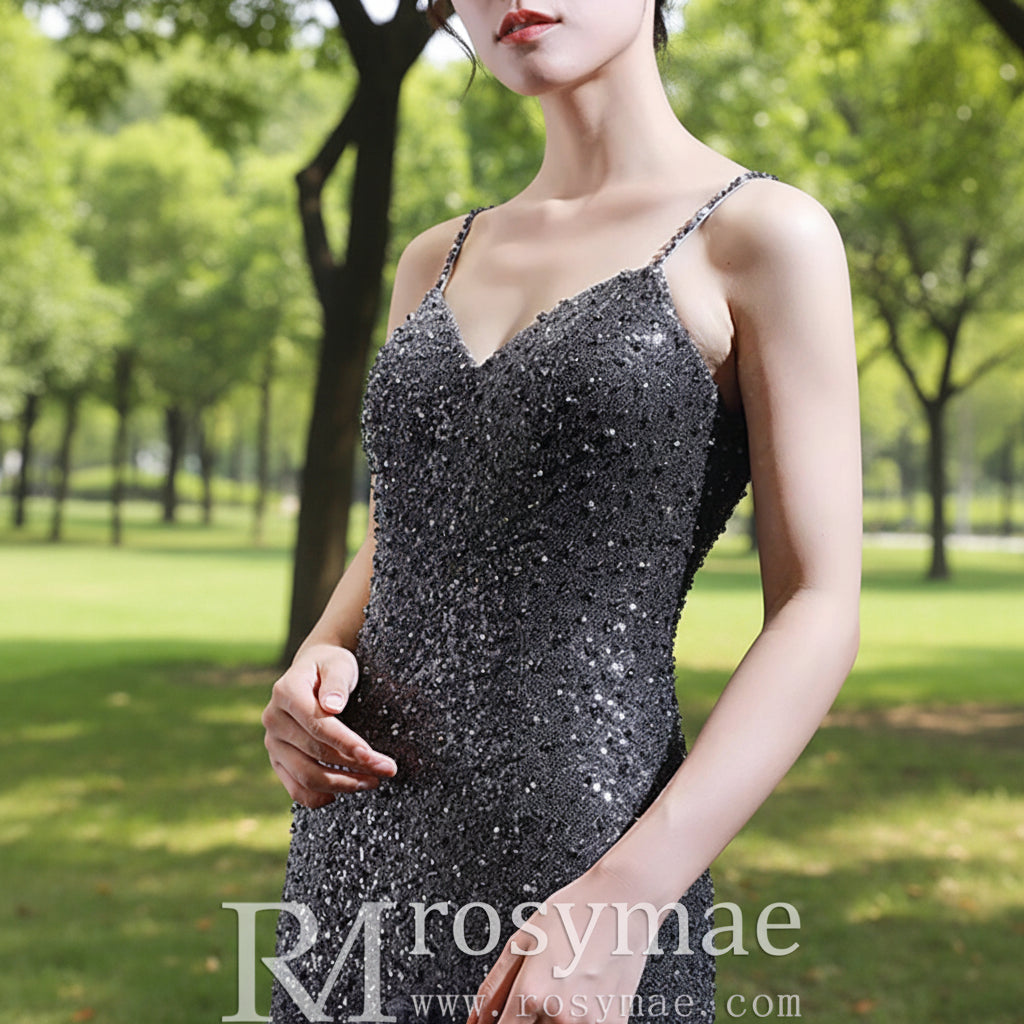 Mermaid Tulle Sequins Spaghetti Straps Beading Prom Dress With Train Rosymae Mermaid Tulle Sequins Spaghetti Straps Beading Prom Dress With Train Rosymae