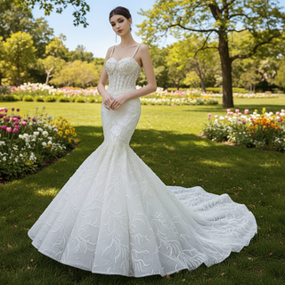 Gorgeous Trumpet Pearls Wedding Dress with Spaghetti Strap