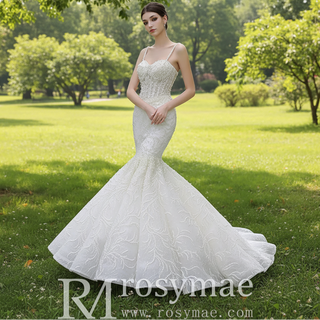 Gorgeous Trumpet Pearls Wedding Dress with Spaghetti Strap