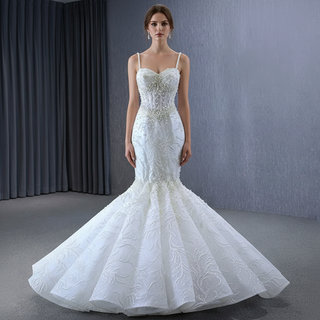 Gorgeous Trumpet Pearls Wedding Dress with Spaghetti Strap