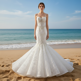 Gorgeous Trumpet Pearls Wedding Dress with Spaghetti Strap White / 22W Gorgeous Trumpet Pearls Wedding Dress with Spaghetti Strap White / 22W