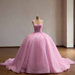 Sparkly Spaghetti Strap Sequin Ball Gown Wedding Dress with Leaf Beading