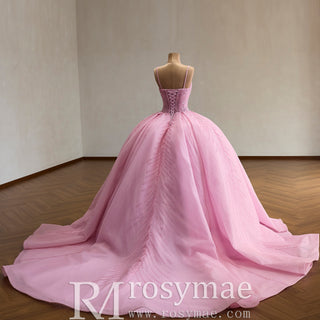 Sparkly Spaghetti Strap Sequin Ball Gown Wedding Dress with Leaf Beading