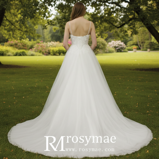 A Line Bling Tulle V Neck Wedding Dresses with Spaghetti Straps