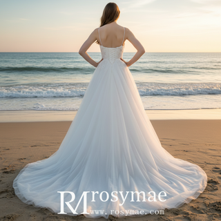 A Line Bling Tulle V Neck Wedding Dresses with Spaghetti Straps