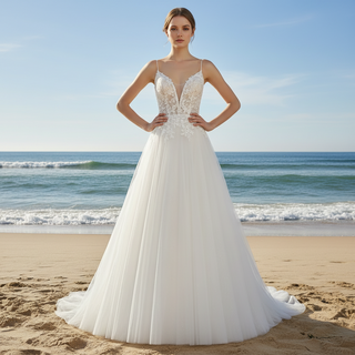 A Line Bling Tulle V Neck Wedding Dresses with Spaghetti Straps