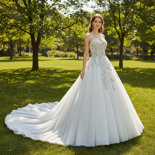 Spaghetti Strap Lace Tulle Ball Gown Wedding Dress Bridal Gown