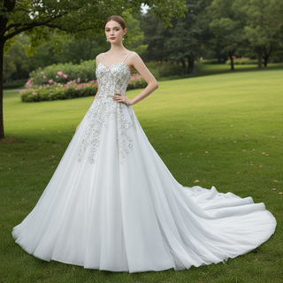 Spaghetti Strap Lace Tulle Ball Gown Wedding Dress Bridal Gown