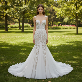 Spaghetti Straps Ruched Multi Tulle Trumpet Wedding Dresses