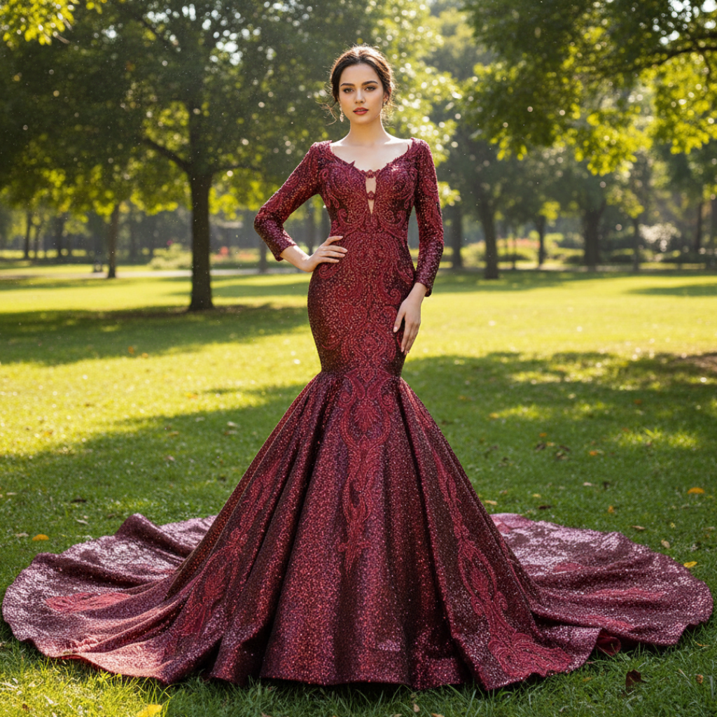 Chic Long Sleeve Wedding Dress Trumpet Evening Gown Burgundy / 4 Chic Long Sleeve Wedding Dress Trumpet Evening Gown Burgundy / 4