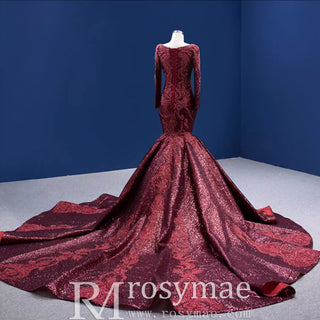 Chic Long Sleeve Wedding Dress Trumpet Evening Gown Burgundy / 4 Chic Long Sleeve Wedding Dress Trumpet Evening Gown Burgundy / 4
