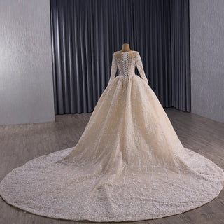 Luxury Champagne Ball Gown Wedding Dress with Sheer Scoop & Long Sleeves