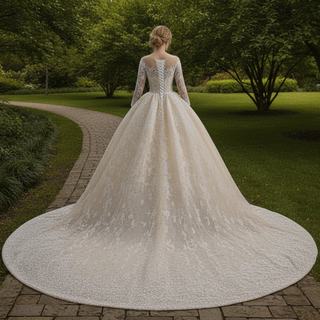 Luxury Champagne Ball Gown Wedding Dress with Sheer Scoop & Long Sleeves