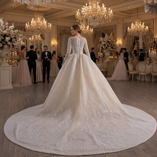 Luxury Champagne Ball Gown Wedding Dress with Sheer Scoop & Long Sleeves