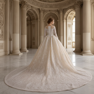 Luxury Champagne Ball Gown Wedding Dress with Sheer Scoop & Long Sleeves