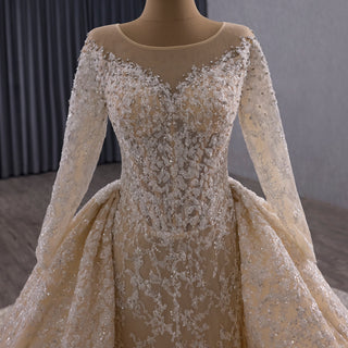 Luxury Champagne Ball Gown Wedding Dress with Sheer Scoop & Long Sleeves