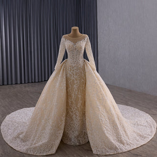 Luxury Champagne Ball Gown Wedding Dress with Sheer Scoop & Long Sleeves