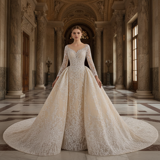 Luxury Champagne Ball Gown Wedding Dress with Sheer Scoop & Long Sleeves