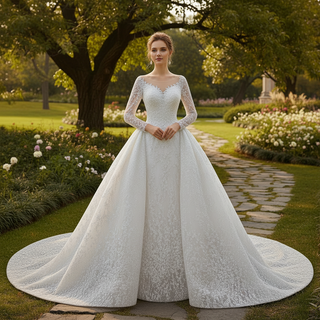 Robe de mariée de luxe en champagne avec encolure transparente et manches longues