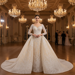 Luxury Champagne Ball Gown Wedding Dress with Sheer Scoop & Long Sleeves