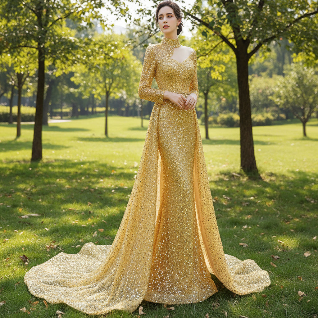 Long Sleeve Sparkly Gold Sequins Evening Dress Mock Neck Prom Gown Rosymae Long Sleeve Sparkly Gold Sequins Evening Dress Mock Neck Prom Gown Rosymae