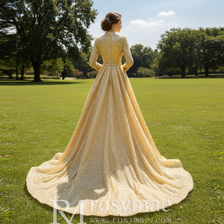 Long Sleeve Sparkly Gold Sequins Evening Dress Mock Neck Prom Gown