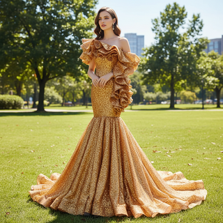 Luxury Gold Sequin Mermaid Wedding Dress Glittery Pageant Gown