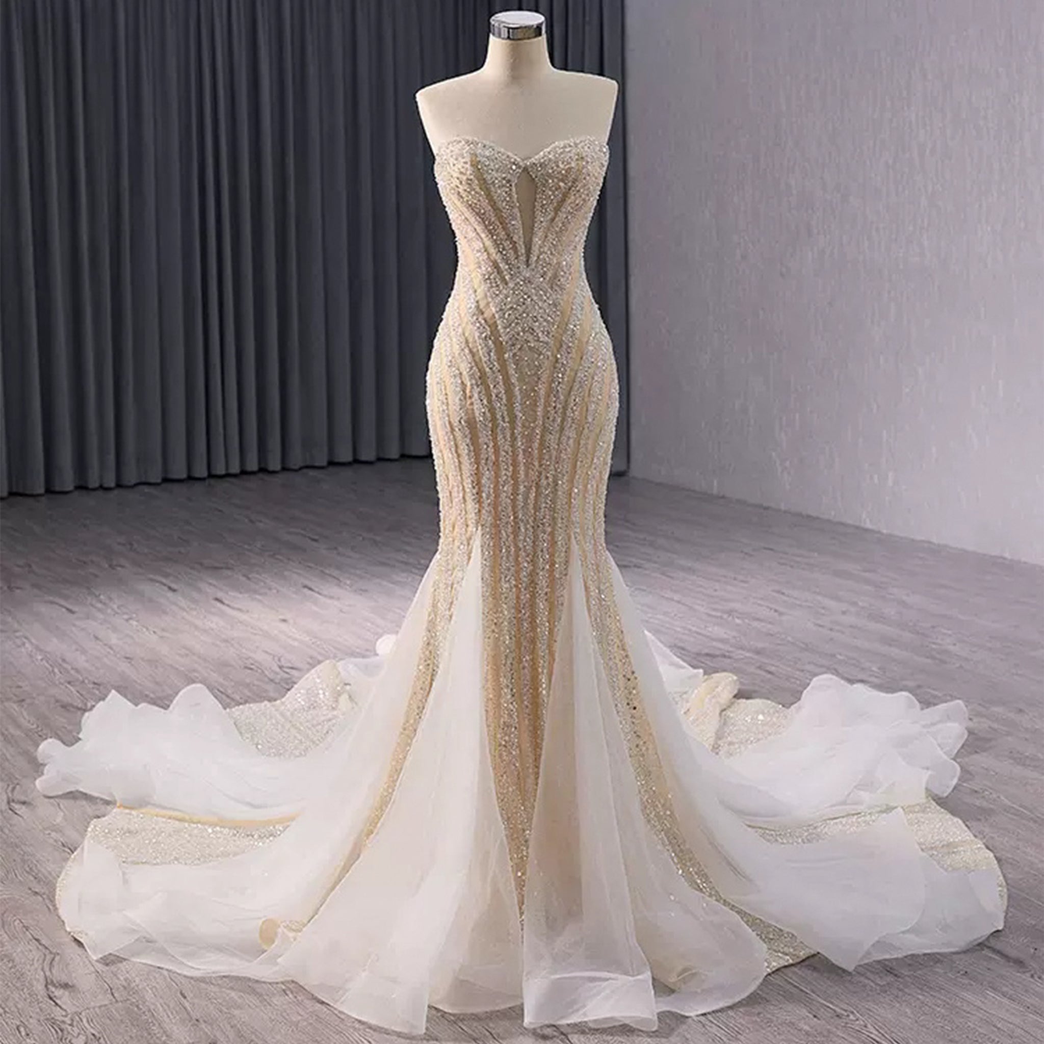 Sparkly High-end Champagne Evening Dress with Handmade Beading Pearl Sequins Champagne / 28W Sparkly High-end Champagne Evening Dress with Handmade Beading Pearl Sequins Champagne / 28W