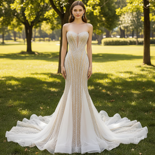 Sparkly High-end Champagne Evening Dress with Handmade Beading Pearl Sequins