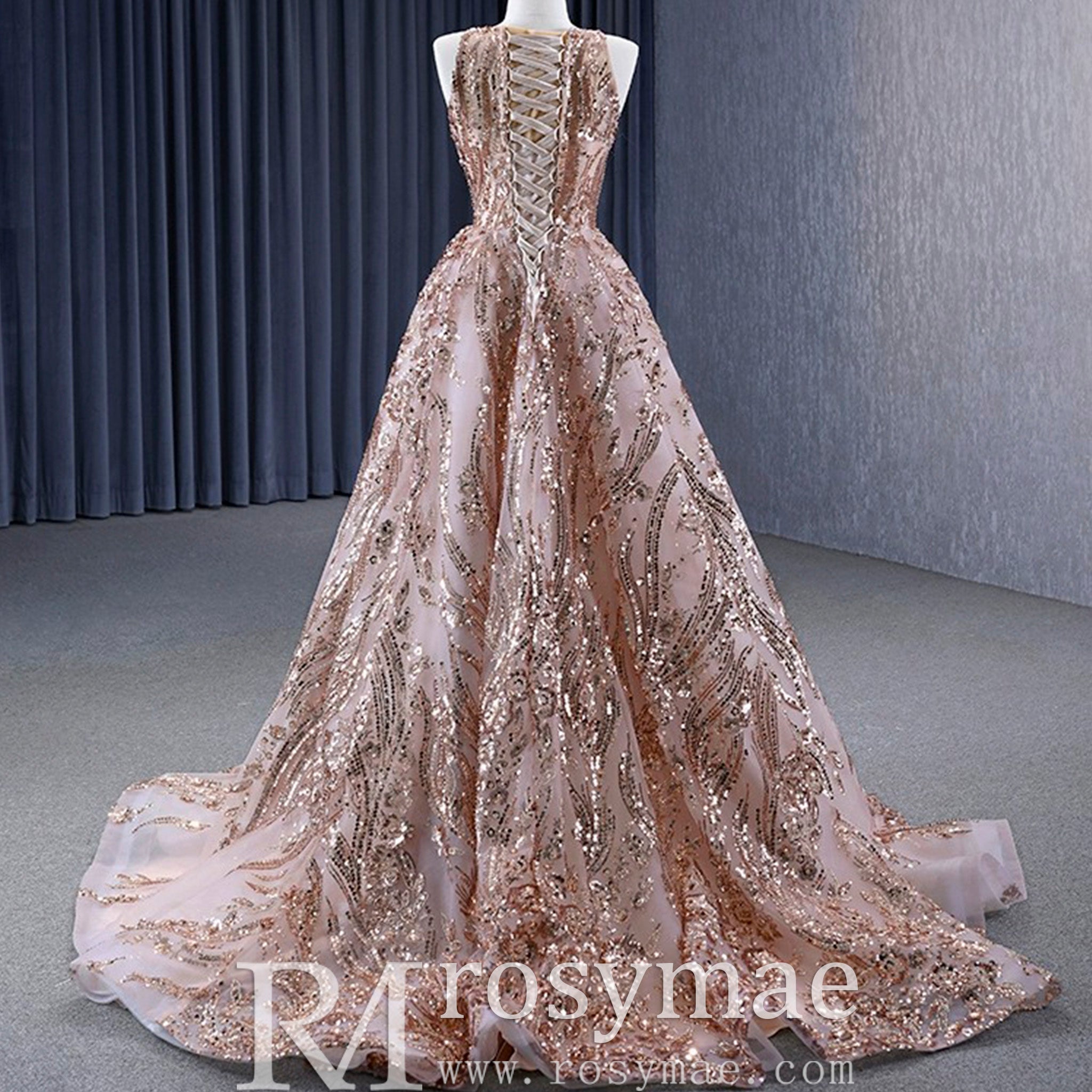 Elegant Rose Gold Sequin Lace Prom Dress High Neck Formal Gown Rosymae Elegant Rose Gold Sequin Lace Prom Dress High Neck Formal Gown Rosymae