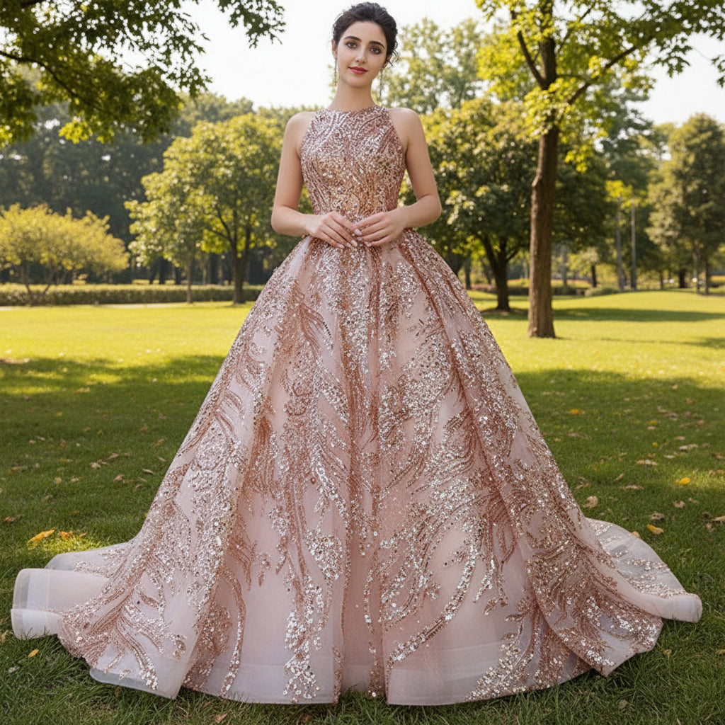 Elegant Rose Gold Sequin Lace Prom Dress High Neck Formal Gown Rosymae Elegant Rose Gold Sequin Lace Prom Dress High Neck Formal Gown Rosymae
