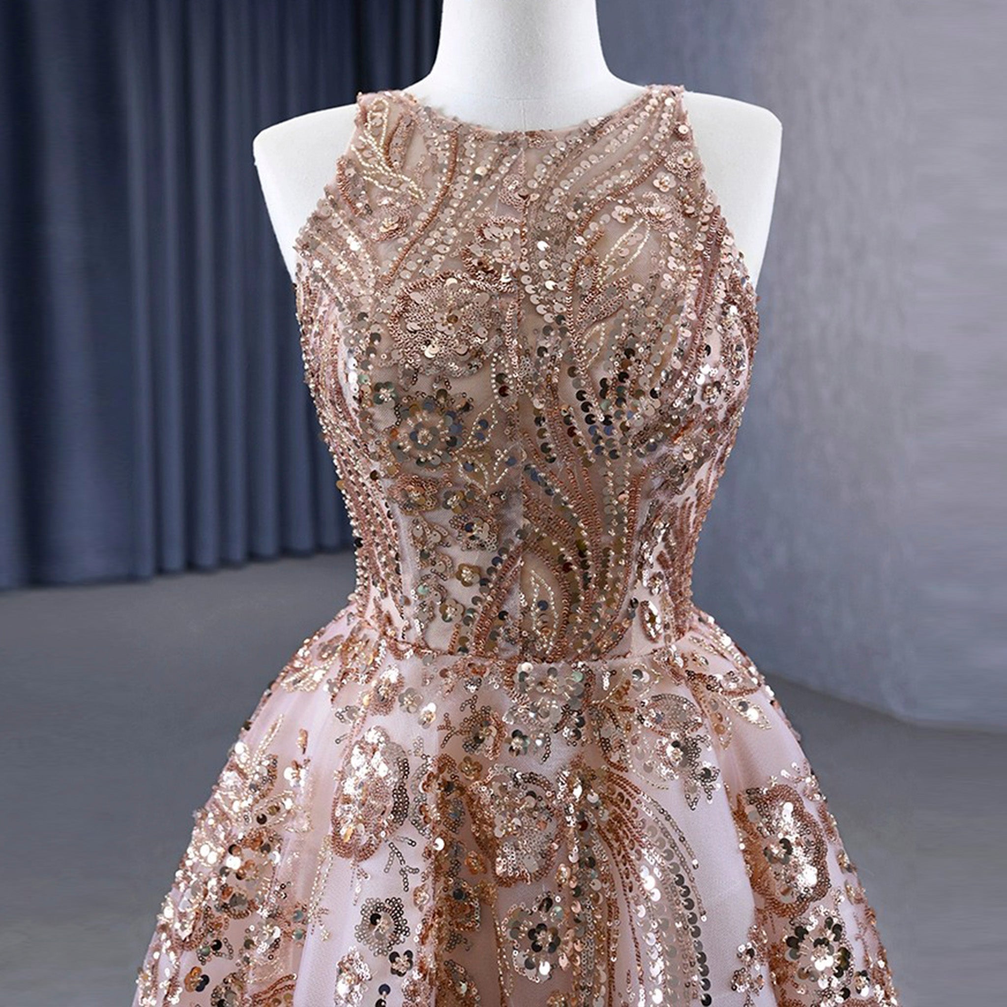Elegant Rose Gold Sequin Lace Prom Dress High Neck Formal Gown Rose Gold / Custom Size Elegant Rose Gold Sequin Lace Prom Dress High Neck Formal Gown Rose Gold / Custom Size