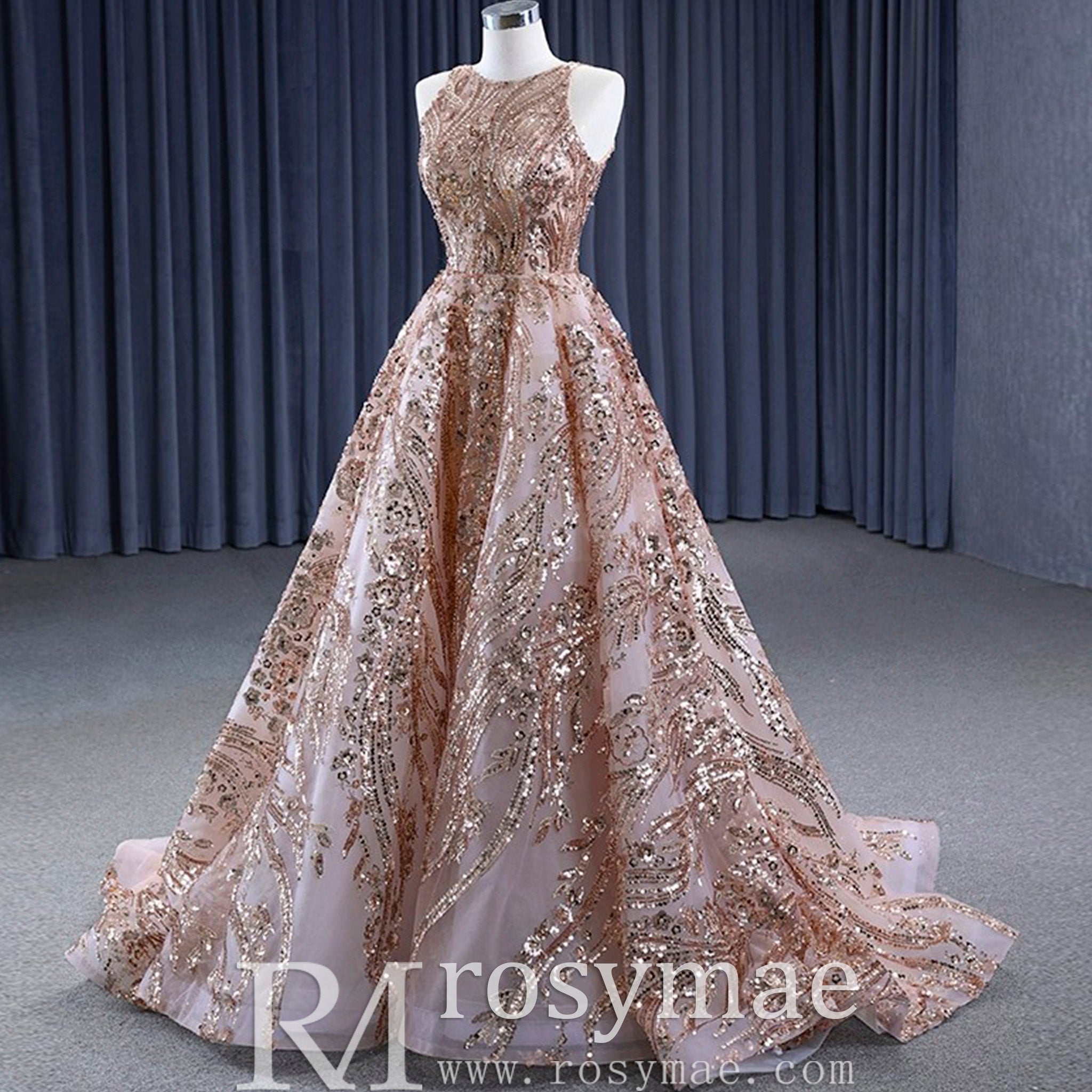 Elegant Rose Gold Sequin Lace Prom Dress High Neck Formal Gown Rose Gold / Custom Size Elegant Rose Gold Sequin Lace Prom Dress High Neck Formal Gown Rose Gold / Custom Size