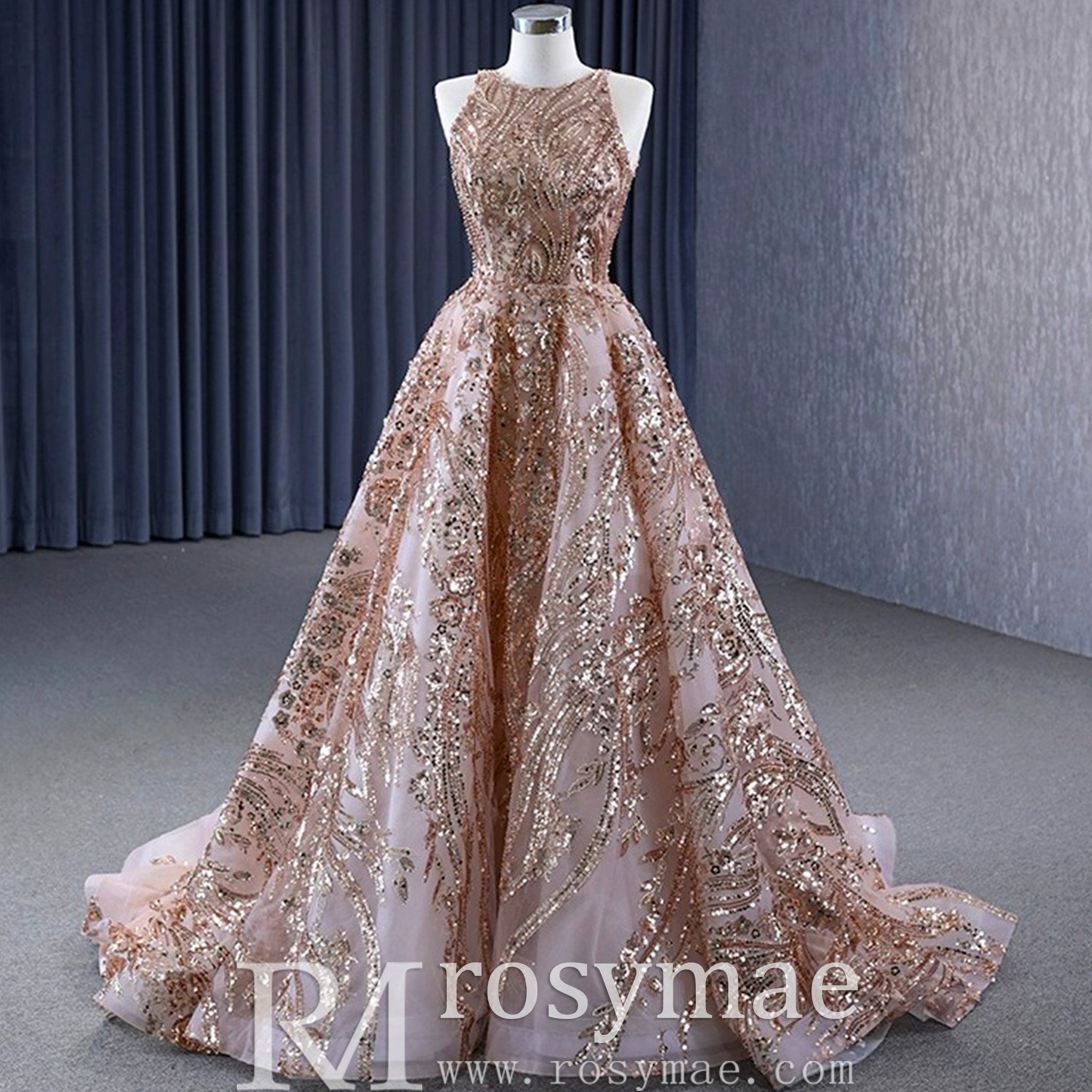 Elegant Rose Gold Sequin Lace Prom Dress High Neck Formal Gown Rose Gold / Custom Size Elegant Rose Gold Sequin Lace Prom Dress High Neck Formal Gown Rose Gold / Custom Size