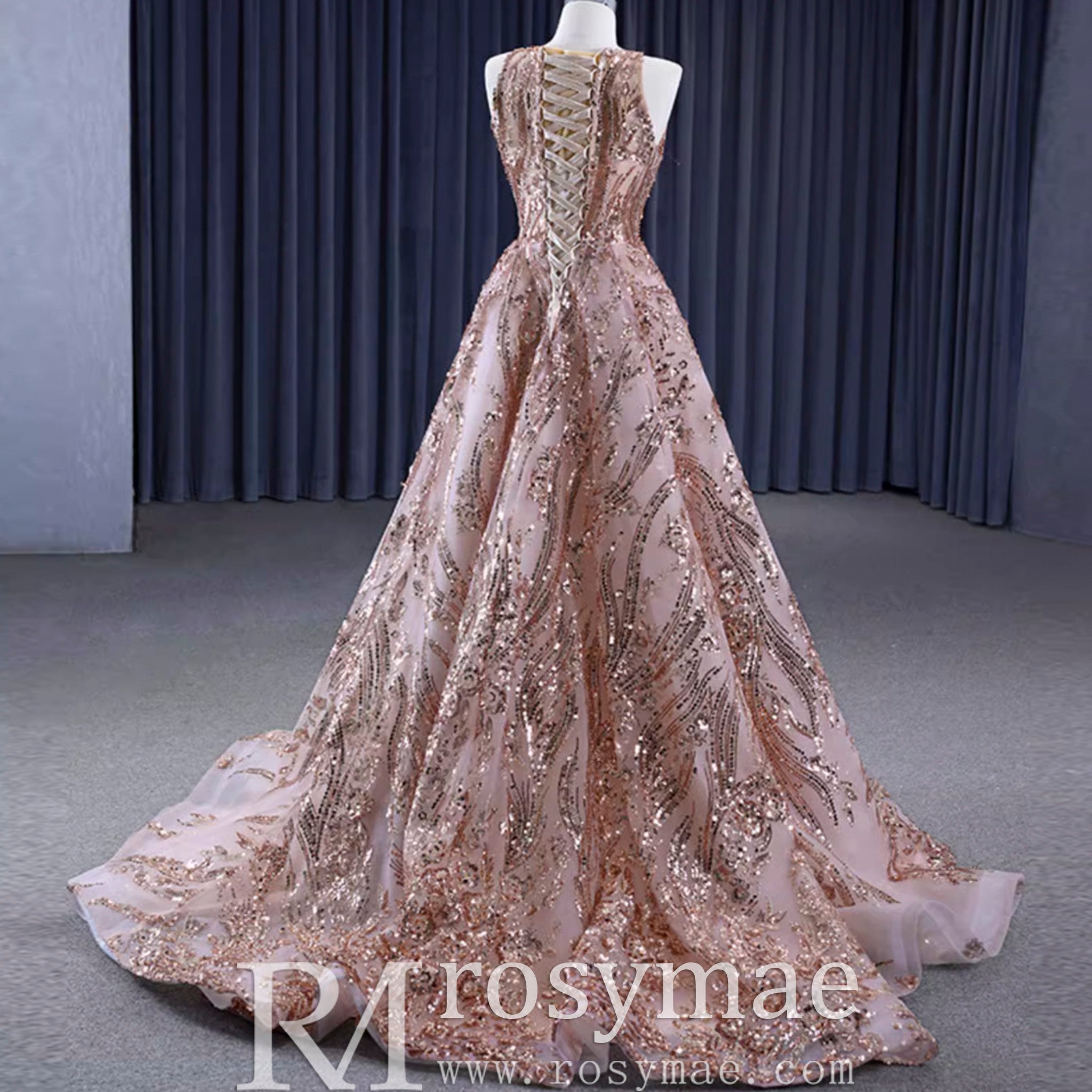 Elegant Rose Gold Sequin Lace Prom Dress High Neck Formal Gown Rose Gold / Custom Size Elegant Rose Gold Sequin Lace Prom Dress High Neck Formal Gown Rose Gold / Custom Size